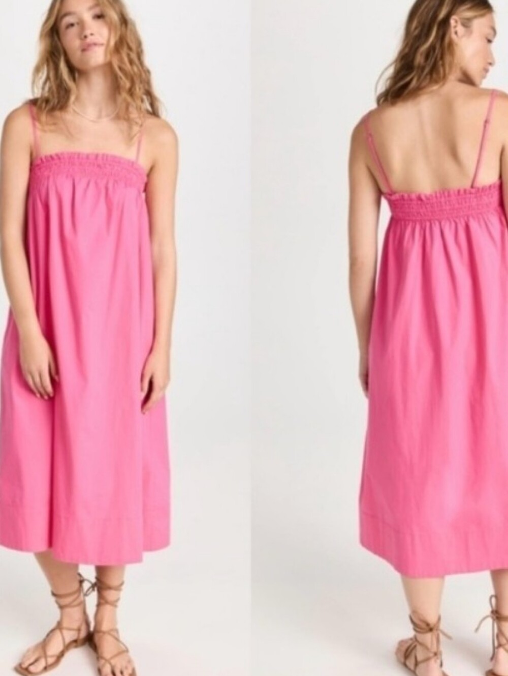 Pistola Pink Smocked Strappy Cotton Casual  Midi Summer Dress With Pockets Sz-L